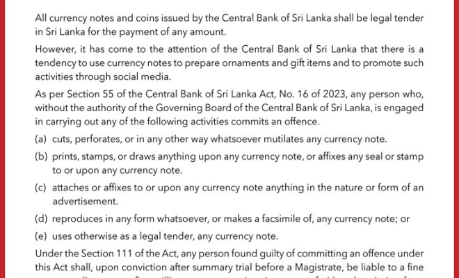 CBSL advises against wilful mutilation and defacement of currency notes - Adaderana Biz English