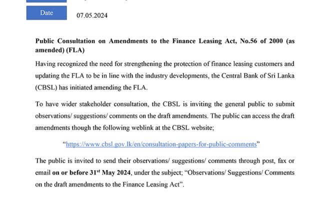 Public Consultation on Amendments to the Finance Leasing Act, No.56 of 2000