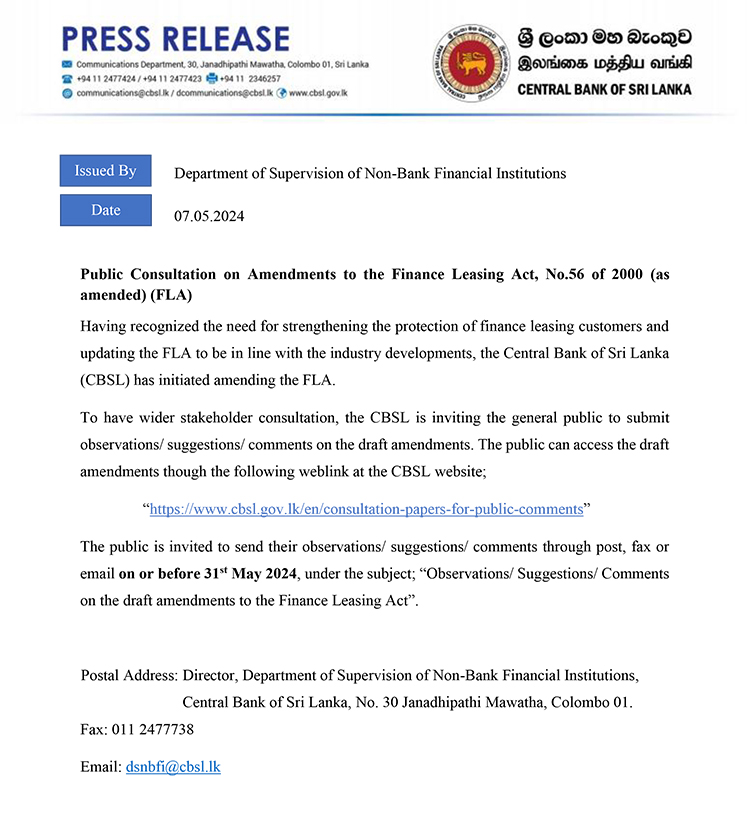 Public Consultation on Amendments to the Finance Leasing Act, No.56 of 2000
