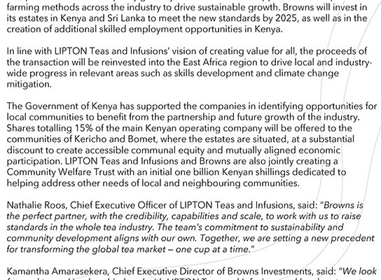 LIPTON Teas and Infusions and Browns Investments agree long-term partnership to accelerate tea industry transformation