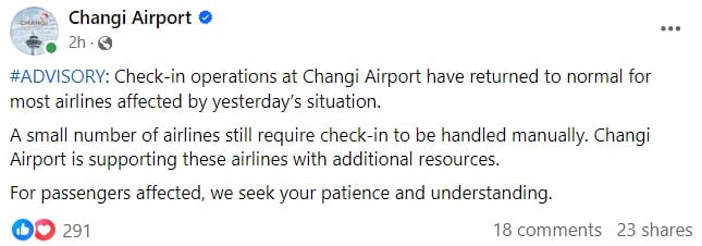 Global IT outage: Most airlines’ check-in operations restored at Changi Airport as of 20 July morning